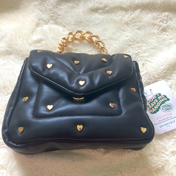 SKINNYDIP LONDON Leo Puffy Mini Tote Handle/Crossbody. Black w/gold ❤️ studs NWT - Picture 2 of 11